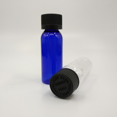 1 oz kobalt niebieski plastikowy Boston butelki okrągłe z czarnym kształtem