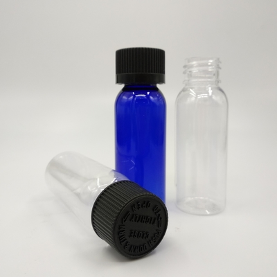 1 oz kobalt niebieski plastikowy Boston butelki okrągłe z czarnym kształtem