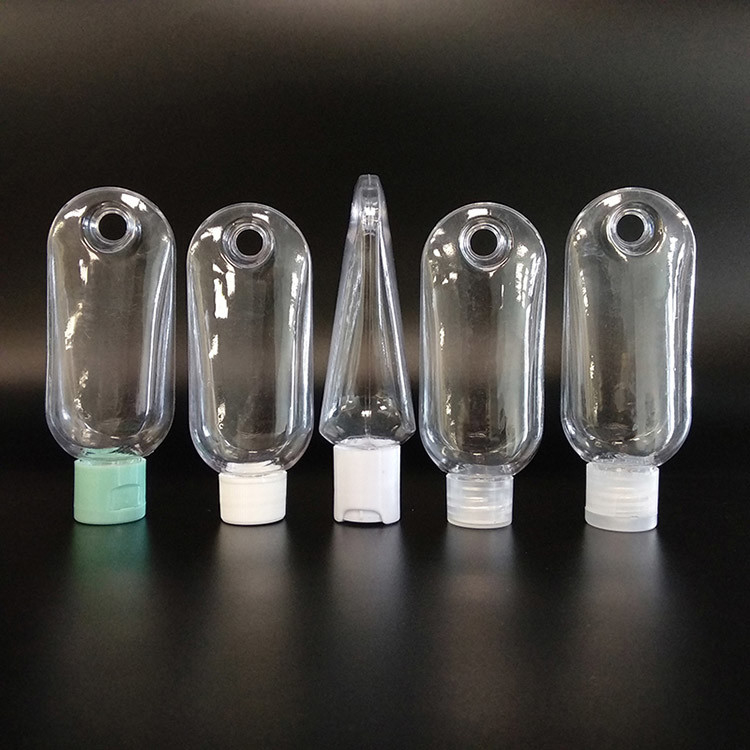 Przejrzysty plastikowy butelka kosmetyczna z obrożkami w 30 ml, 50 ml i 60 ml